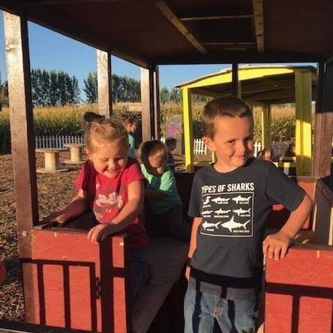 Children enjoying the train cars at the maze
