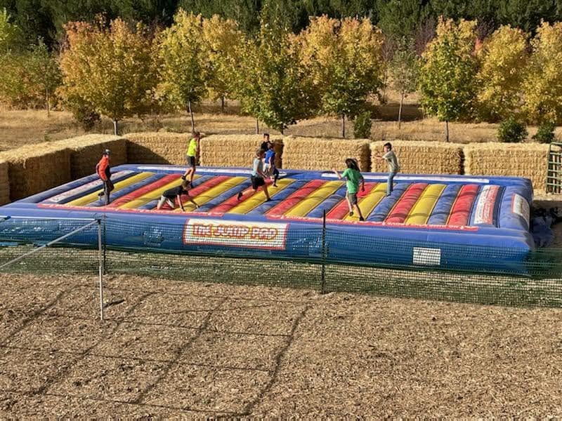 Children playing on the colorful jump pad