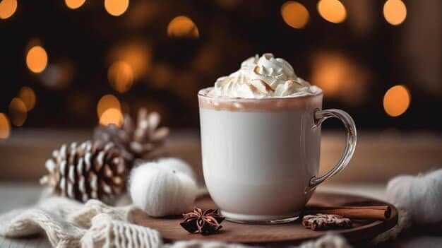 Warm mug of hot chocolate with whipped cream