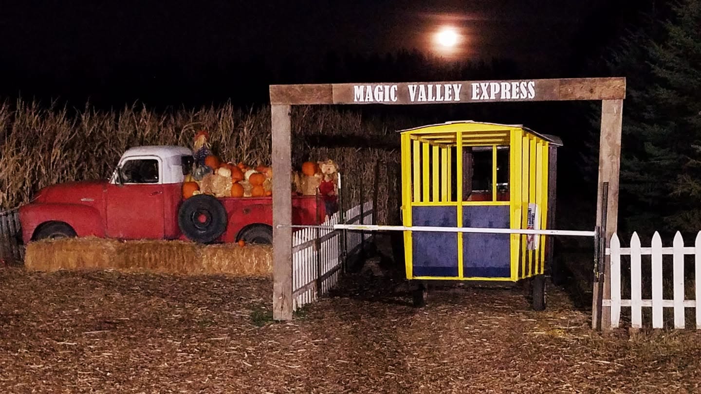 Magic Valley Express station glowing at night